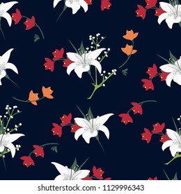 Trendy Floral pattern in the many kind of flowers. Tropical botanical Motifs scattered random. Seamless vector texture. Printing with in hand drawn style on dark background.