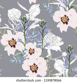 Trendy Floral pattern with the many kind of flowers. Tropical botanical Motives. Seamless vector texture. Printing in hand drawn style on the grey background.