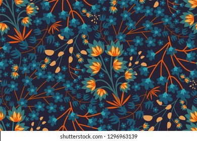 Trendy Floral pattern in the many kind of flowers. Seamless vector texture. Tropical botanical Motifs scattered random. Printing with in hand drawn style on dark background.