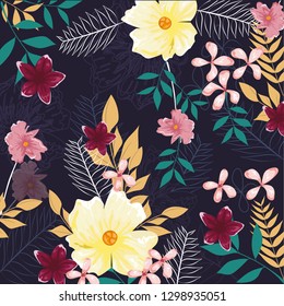 Trendy Floral pattern in the many kind of flowers. Tropical botanical Motifs scattered random. Seamless vector texture. Printing with in hand drawn style on dark background