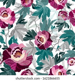 Trendy Floral pattern in the many kind of flowers peonies. Pink Peonies embroidered. Seamless vector texture. Printing with in hand drawn style. Flourish ornamental garden.