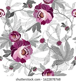 Trendy Floral pattern in the many kind of flowers peonies. Pink Peonies embroidered. Seamless vector texture. Printing with in hand drawn style. Flourish ornamental garden.