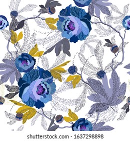 Trendy Floral pattern in the many kind of flowers peonies. Blue Peonies embroidered. Seamless vector texture. Printing with in hand drawn style. Flourish ornamental garden.
