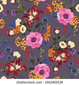 Trendy Floral pattern in the many kind of flowers. Tropical botanical Motifs scattered random. Seamless vector texture. Printing with in hand drawn style on dark purple  background.