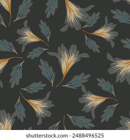 Trendy Floral pattern in the many kind of flowers. Tropical botanical Motifs scattered random. Seamless vector texture. Printing with in hand drawn style on dark background