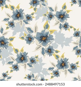 Trendy Floral pattern in the many kind of flowers. Tropical botanical Motifs scattered random. Seamless vector texture. Printing with in hand drawn style on dark background