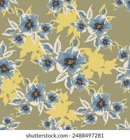 Trendy Floral pattern in the many kind of flowers. Tropical botanical Motifs scattered random. Seamless vector texture. Printing with in hand drawn style on dark background