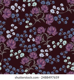 Trendy Blumenmuster in den vielen Arten von Blumen. Tropische botanische Motive verstreut zufällig. Nahtlose Textur der Vektorgrafik. Drucken mit handgezeichnetem Stil auf dunklem Hintergrund