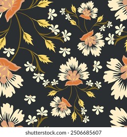 Trendy Floral pattern in the many kind of flowers. Tropical botanical Motifs scattered random. Seamless vector texture. Printing with in hand drawn style on dark background