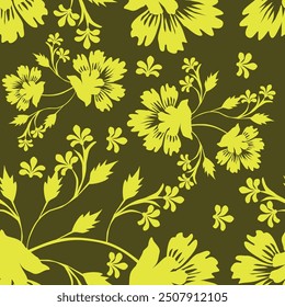 Patrón floral de moda en los muchos tipos de flores. Motivos botánicos tropicales dispersos al azar. Textura de Vector sin costuras. Impresión con estilo dibujado a mano sobre fondo oscuro