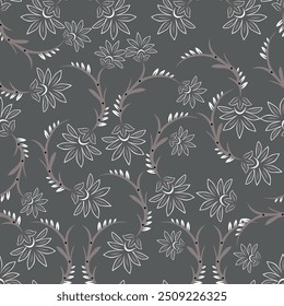 Trendy Floral pattern in the many kind of flowers. Tropical botanical Motifs scattered random. Seamless vector texture. Printing with in hand drawn style on dark background