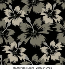 Trendy Floral pattern in the many kind of flowers. Tropical botanical Motifs scattered random. Seamless vector texture. Printing with in hand drawn style on dark background