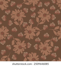 Trendy padrão floral em muitos tipos de flores. Motivos botânicos tropicais espalhados aleatoriamente. Textura de vetor uniforme. Impressão com estilo desenhado à mão em plano de fundo escuro