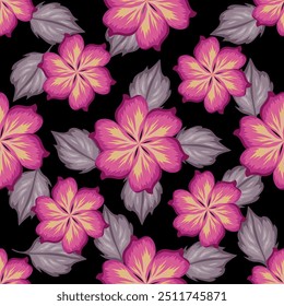 Trendy Floral pattern in the many kind of flowers. Tropical botanical Motifs scattered random. Seamless vector texture. Printing with in hand drawn style on dark background
