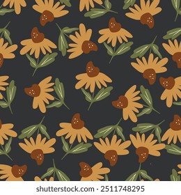 Trendy padrão floral em muitos tipos de flores. Motivos botânicos tropicais espalhados aleatoriamente. Textura de vetor uniforme. Impressão com estilo desenhado à mão em plano de fundo escuro