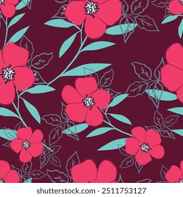 Trendy Floral pattern in the many kind of flowers. Tropical botanical Motifs scattered random. Seamless vector texture. Printing with in hand drawn style on dark background