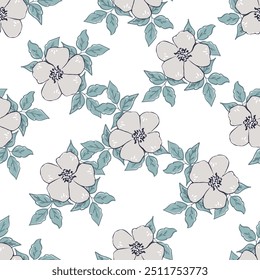 Trendy padrão floral em muitos tipos de flores. Motivos botânicos tropicais espalhados aleatoriamente. Textura de vetor uniforme. Impressão com estilo desenhado à mão em plano de fundo escuro