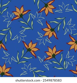 Trendy padrão floral em muitos tipos de flores. Motivos botânicos tropicais espalhados aleatoriamente. Textura de vetor uniforme. Para impressões de moda. Impressão com estilo desenhado à mão sobre fundo de pêssego