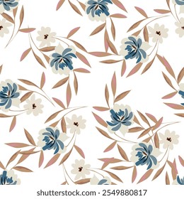 Trendy Floral pattern in the many kind of flowers. Tropical botanical Motifs scattered random. Seamless vector texture. For fashion prints. Printing with in hand drawn style on peach background
