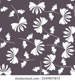 Trendy Floral pattern in the many kind of flowers. Tropical botanical Motifs scattered random. Seamless vector texture. Printing with in hand drawn style on dark background