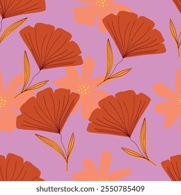 Trendy Floral pattern in the many kind of flowers. Tropical botanical Motifs scattered random. Seamless vector texture. For fashion prints. Printing with in hand drawn style on peach background.