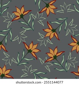Trendy Floral pattern in the many kind of flowers. Tropical botanical Motifs scattered random. Seamless vector texture. For fashion prints. Printing with in hand drawn style on peach background