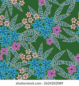 Trendy Floral pattern in the many kind of flowers. Tropical botanical Motifs scattered random. Seamless vector texture. Printing with in hand drawn style on dark background