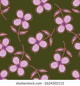 Trendy Floral pattern in the many kind of flowers. Tropical botanical Motifs scattered random. Seamless vector texture. Printing with in hand drawn style on dark background
