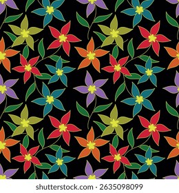 Trendy Floral pattern in the many kind of flowers. Tropical botanical Motifs scattered random. Seamless vector texture. Printing with in hand drawn style on dark background
