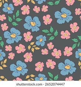 Trendy Floral pattern in the many kind of flowers. Tropical botanical Motifs scattered random. Seamless vector texture. For fashion prints. Printing with in hand drawn style on peach background