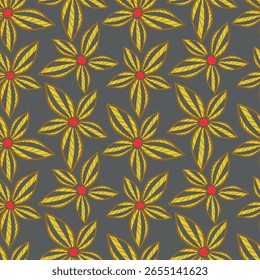 Trendy padrão floral em muitos tipos de flores. Motivos botânicos tropicais espalhados aleatoriamente. Textura de vetor uniforme. Impressão com estilo desenhado à mão em plano de fundo escuro