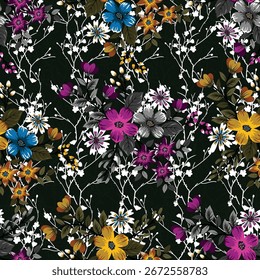 Trendy padrão floral com muitos tipos de flores. Motivos botânicos tropicais espalhados aleatoriamente. Para tecido com estilo desenhado em fundo escuro