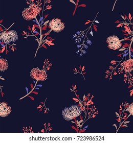 Trendy  Floral pattern in the many kind of flowers. Tropical botanical  Motifs scattered random. Seamless vector texture. Printing with in hand drawn style.White  background.