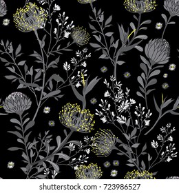 Trendy  Floral pattern in the many kind of flowers. Tropical botanical  Motifs scattered random. Seamless vector texture. Printing with in hand drawn style.White  background.