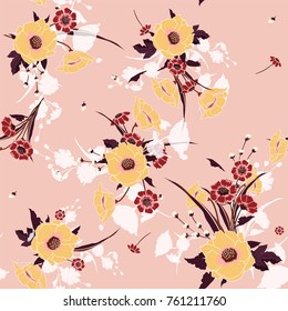 Trendy  Floral pattern in the many kind of flowers. bloossom botanical  Motifs scattered random. Seamless vector texture. Printing with in hand drawn style sweet pink background.