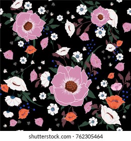 Trendy  Floral pattern in the many kind of flowers. blossom botanical  Motifs scattered random. Seamless vector texture.  Printing with in hand drawn stylenavy black background.