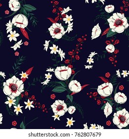 Trendy Floral pattern in the many kind of flowers. Tropical botanical Motifs scattered random. Seamless vector texture. Printing with in hand drawn style.Navy blue background. Trendy Floral pattern in the many kind of flowers. Tropical botanical Motifs scattered random. Seamless vector texture. Printing with in hand drawn style.Navy blue background.