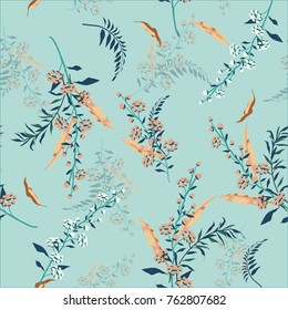 Patrón floral de moda en los muchos tipos de flores. Motivos botánicos azules esparcidos al azar. Textura vectorial sin inconvenientes. Impresión con estilo dibujado a mano Fondo azul claro.