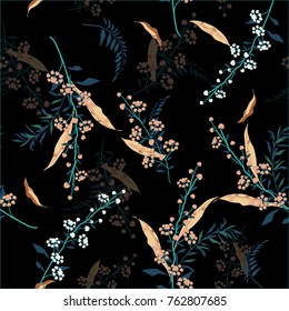 Trendy  Floral pattern in the many kind of flowers. Dark botanical  Motifs scattered random. Seamless vector texture.  Printing with in hand drawn style black background.