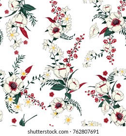 Trendy  Floral pattern in the many kind of flowers. Tropical botanical  Motifs scattered random. Seamless vector texture. Printing with in hand drawn style.white background