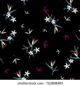 Trendy  Floral pattern in the many kind of flowers. Tropical botanical  Motifs scattered random. Seamless vector texture.. Printing with in hand drawn style.dark  background.