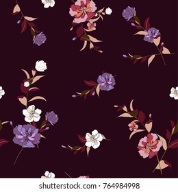 Trendy Floral pattern in the many kind of flowers. Tropical botanical Motifs scattered random. Seamless vector texture. Printing with in hand drawn style in dark purplr background. Trendy Floral pattern in the many kind of flowers. Tropical botanical Motifs scattered random. Seamless vector texture. Printing with in hand drawn style in dark purplr background.