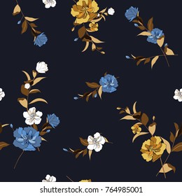 Trendy  Floral pattern in the many kind of flowers. Tropical botanical  Motifs scattered random. Seamless vector texture. Printing with in hand drawn style in navy blue  background.