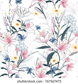 Trendy  Floral pattern in the many kind of flowers. Tropical botanical  Motifs scattered random. Seamless vector texture. Elegant template for fashion prints. Printing with in hand drawn style