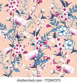 Trendy Floral pattern in the many kind of flowers. Botanical Motifs scattered random. Seamless vector texture. For fashion prints. Printing with in hand drawn style on pink background. Trendy Floral pattern in the many kind of flowers. Botanical Motifs scattered random. Seamless vector texture. For fashion prints. Printing with in hand drawn style on pink background.