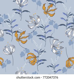 Trendy  Floral pattern in the many kind of flowers. Blooming botanical  Motifs scattered random. Seamless vector texture for fashion prints. Printing with in hand drawn style on light blue.