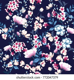 Trendy  Floral pattern in the many kind of flowers. Botanical  Motifs scattered random. Seamless vector texture.For fashion prints. Printing with in hand drawn style on navy blue  background.