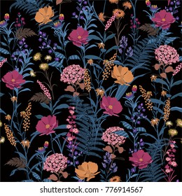 Trendy  Floral pattern in the many kind of flowers. Botanical  Motifs scattered random. Seamless vector texture.  For fashion prints. Printing  in hand drawn style Dark background.