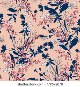 Trendy  Floral pattern in the many kind of flowers. Tropical botanical  Motifs scattered random. Seamless vector texture. For fashion prints. Printing with in hand drawn style on peach background.