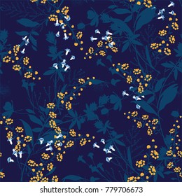 Trendy  Floral pattern in the many kind of flowers. Tropical botanical  Motifs scattered random. Seamless vector texture. For fashion prints. Printing with in hand drawn style on navy blue background.